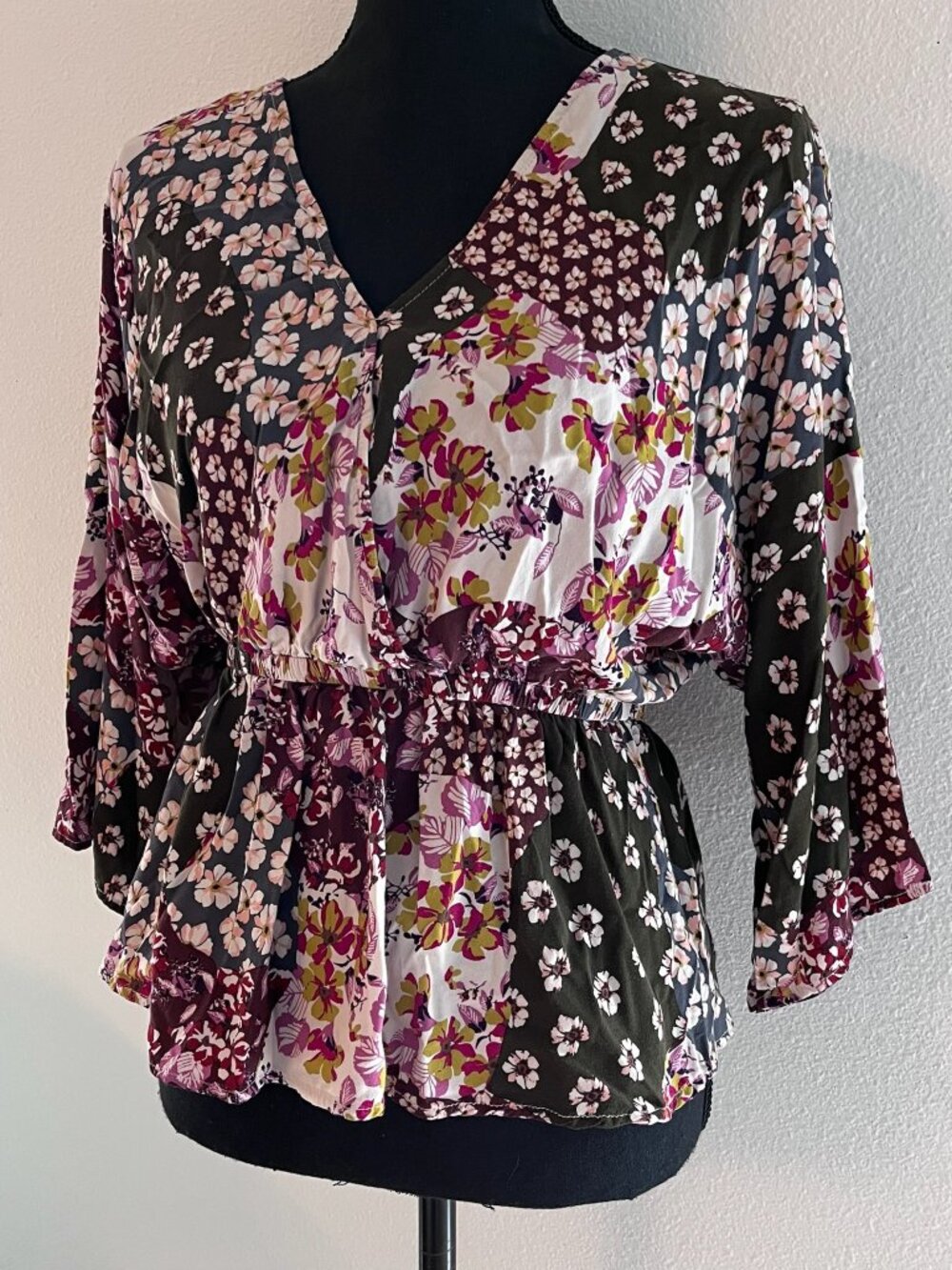 How Very Loved Wildflower Patchwork Boho Top Peasant Long Butterfly Sleeves S